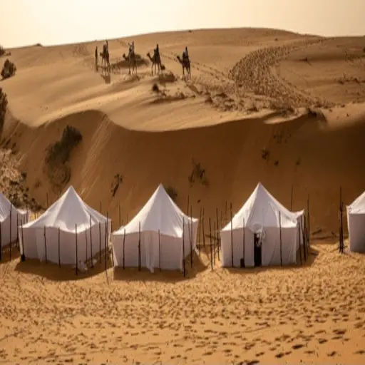Tentes blanches au creux des dunes de Lompoul
