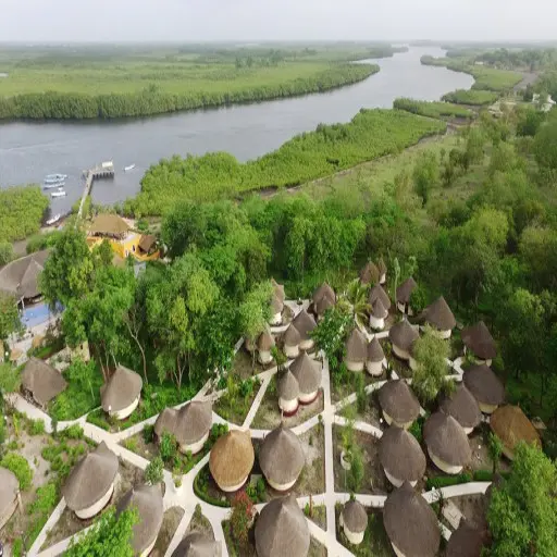 Vue aérienne d'un lodge au bord du delta du Saloum