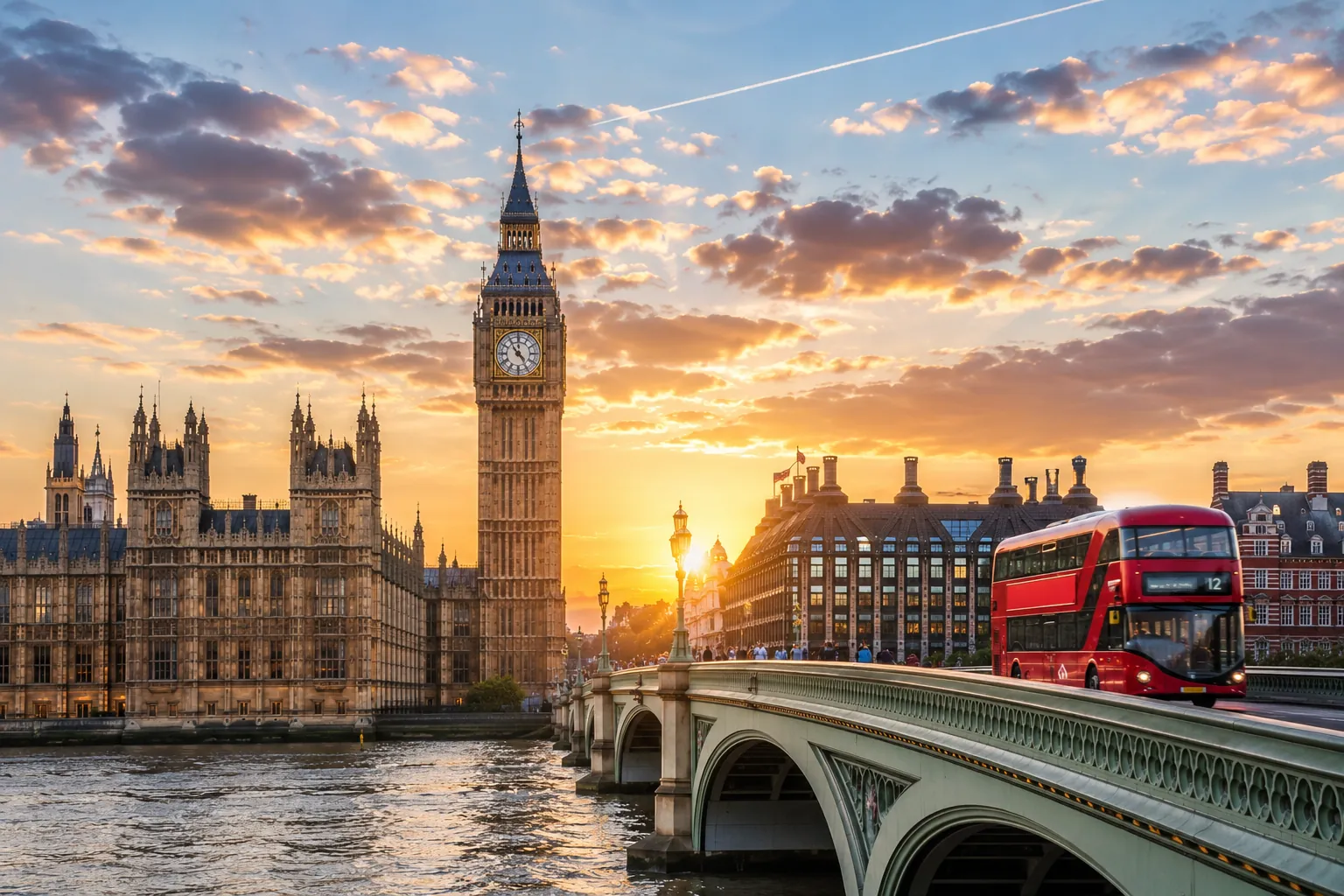 Londres : Big Ben et le palais de Westminster au coucher du soleil