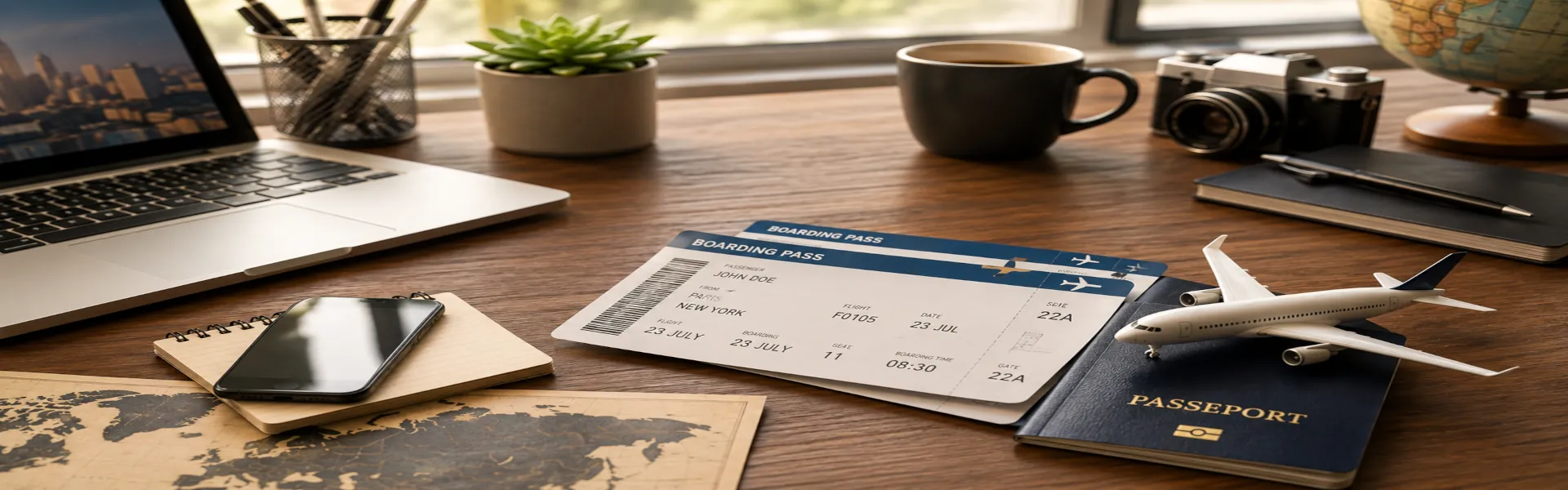 imArticleBillets Billets d'avion et ordinateur portable sur un bureau