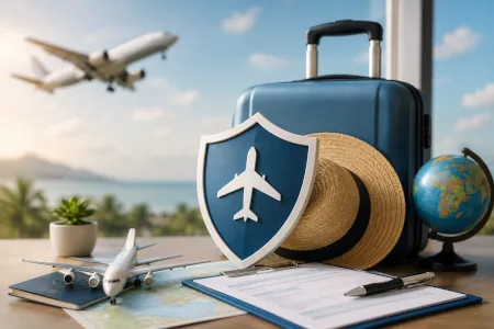 Assurance voyage : valise, bouclier et avion