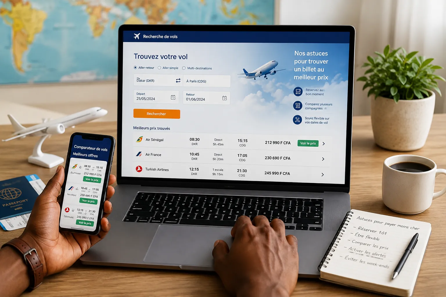 Recherche de billets d'avion sur un ordinateur et un téléphone
