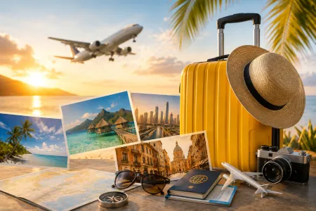imBonPlan123 Valise, chapeau et photos de voyage sur une plage