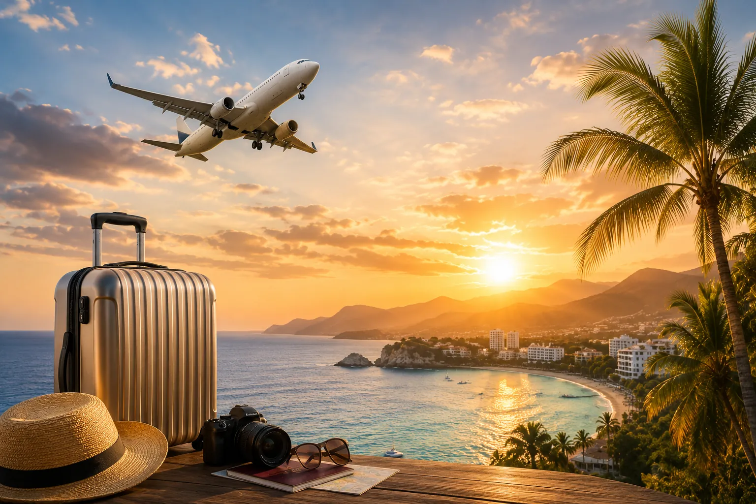 Valise sur une plage au coucher du soleil, avion dans le ciel