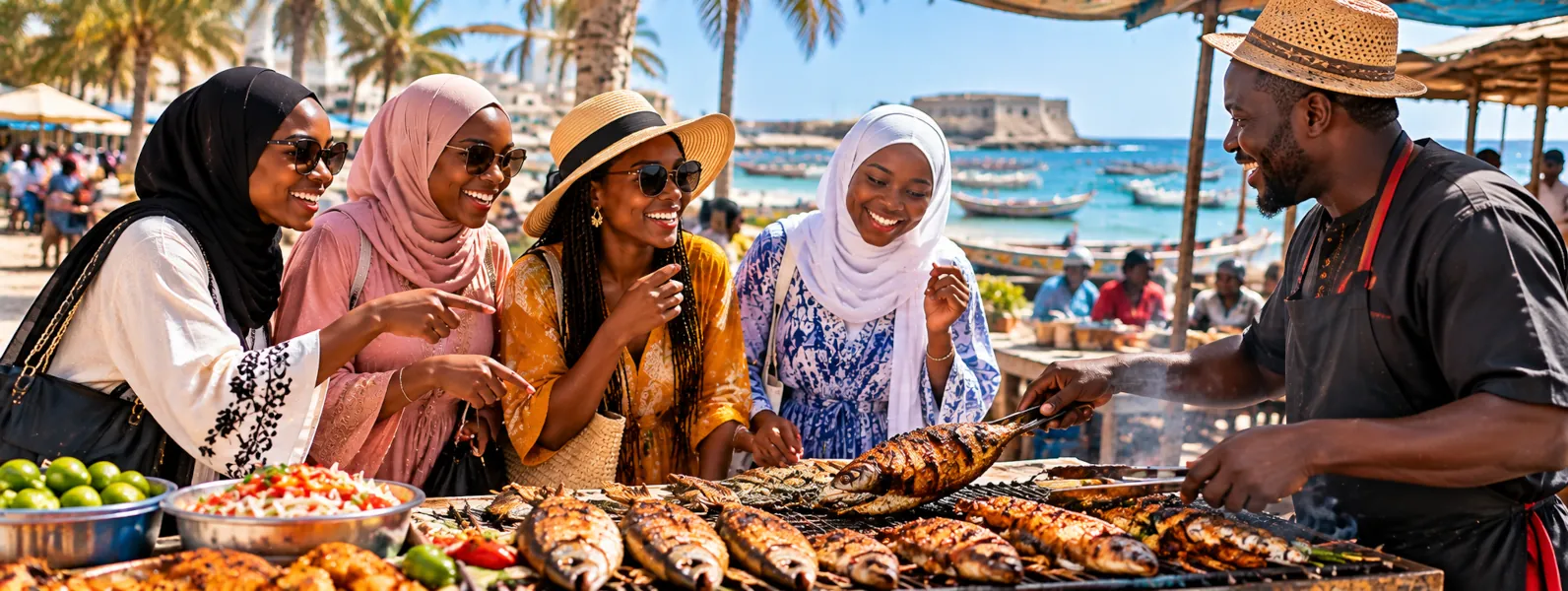 Voyageurs autour d'un repas en bord de mer au Sénégal