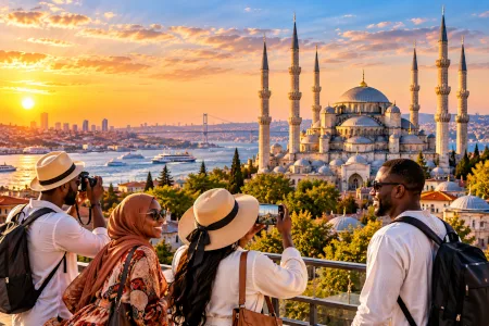 Voyageurs admirant Istanbul et ses mosquées