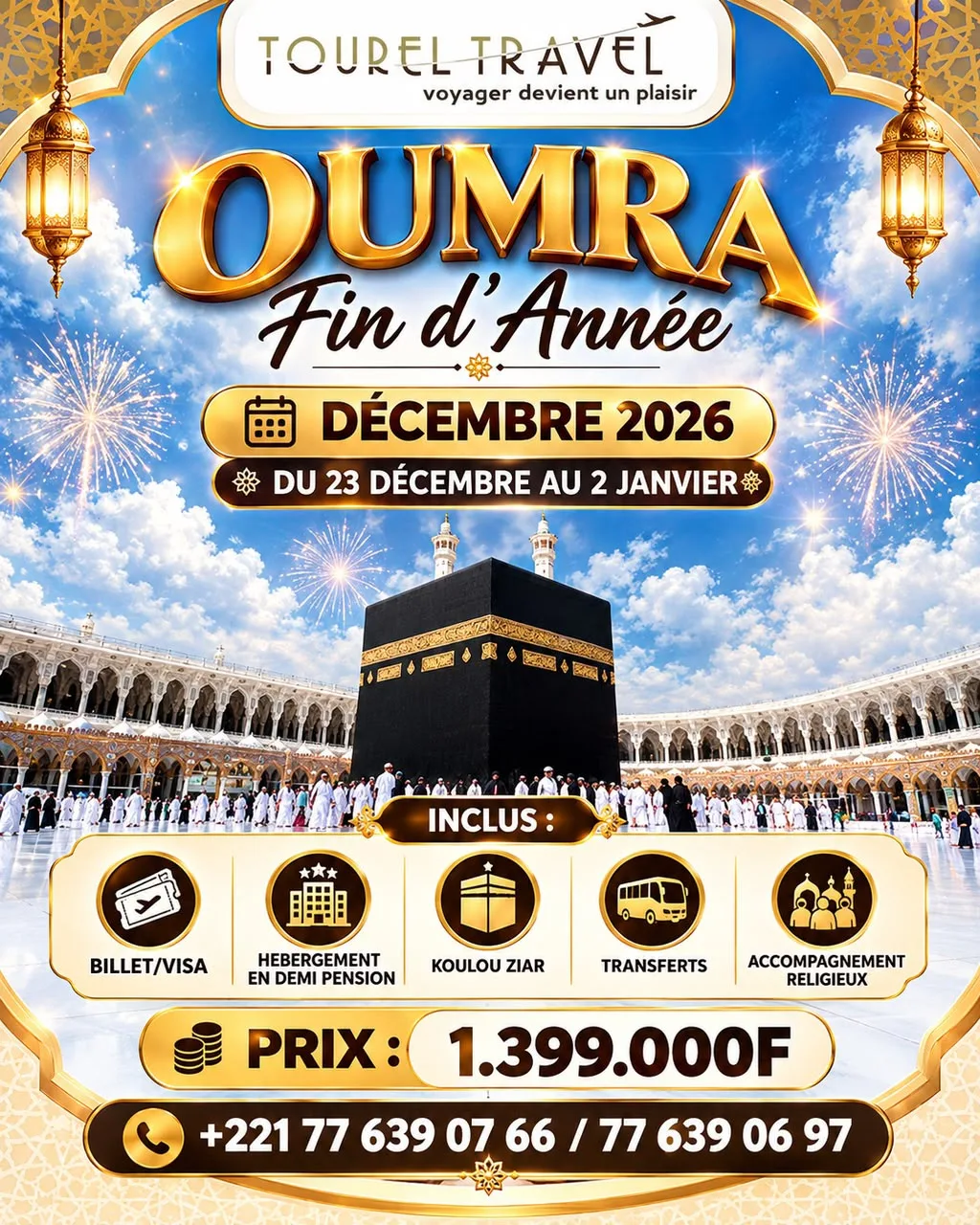 ImOumrah Affiche Tourel Travel : Oumra de fin d’année, du 23 décembre 2026 au 2 janvier, billet, visa, hébergement, transferts et accompagnement religieux inclus